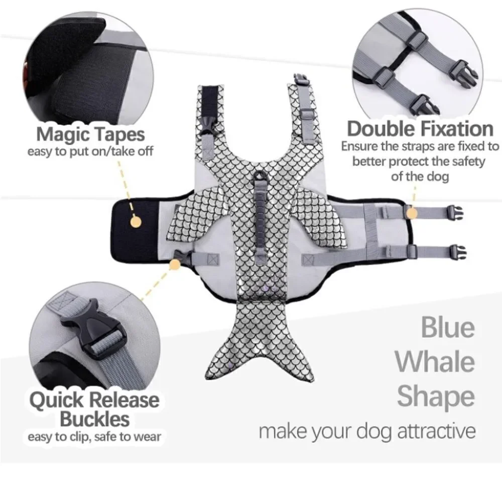 Kouser Dog Life Jacket Life Vest Flotation Device Silver WhaleDesign Size L NEW